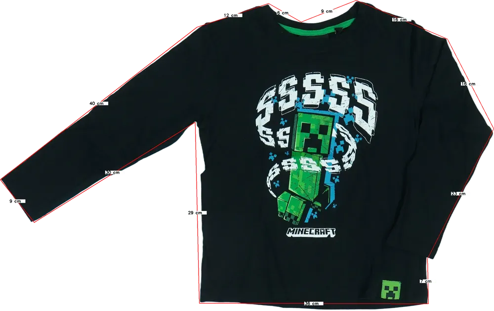 Fekete Minecraft Hosszú ujjú felső EU 128 / UK 8 év / US 8 év/M