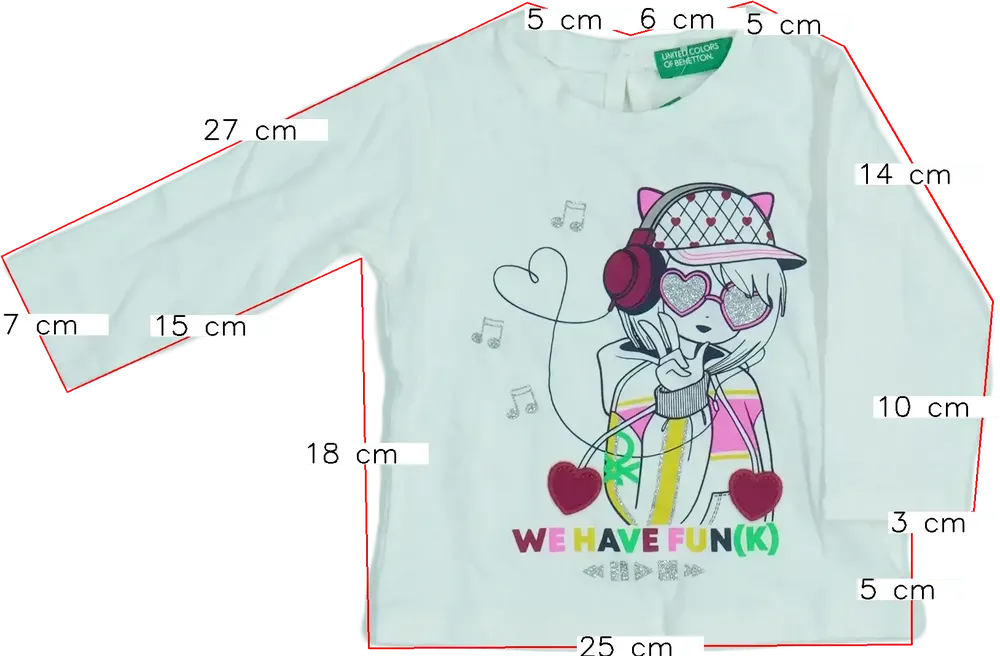 Fehér Benetton Hosszú ujjú felső EU 68 / UK 3-6 hónap / US 3-6 hónap